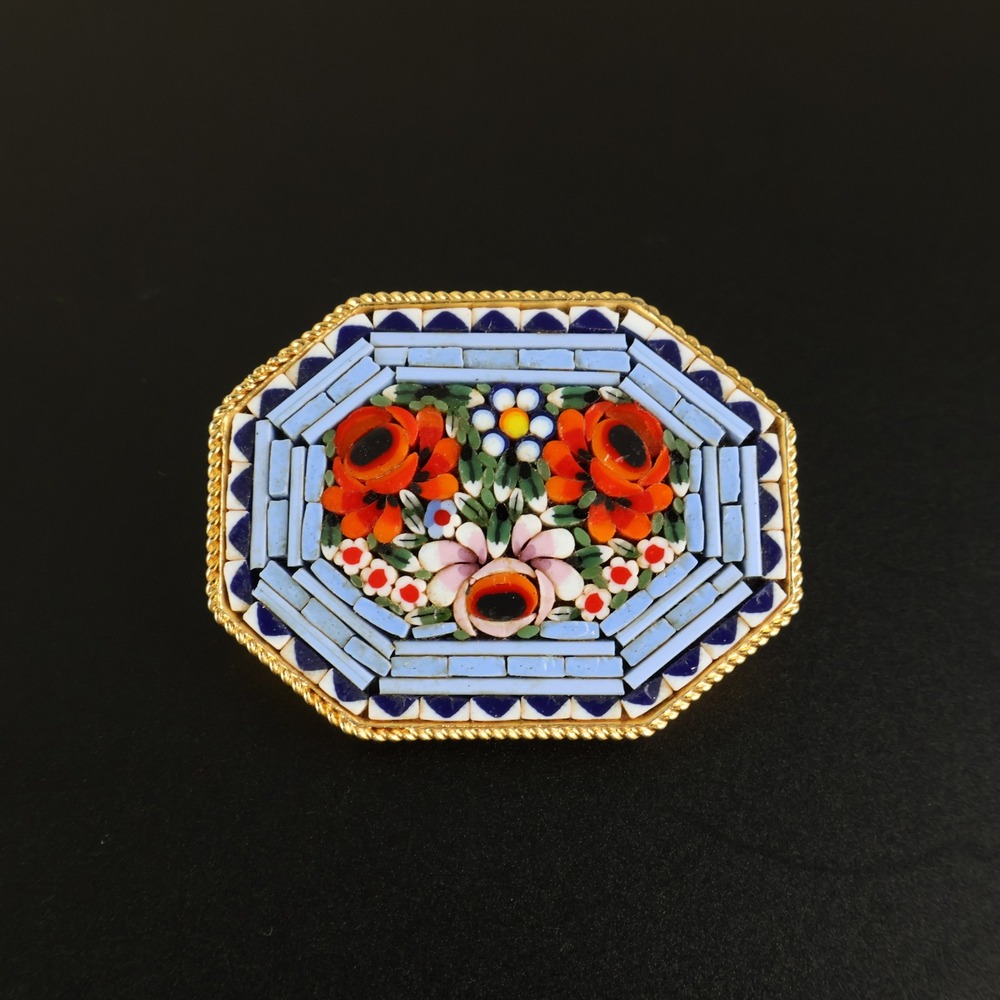 Vintage Italian Micro Mosaic Floral Brooch Gold Tone Octagon Made in Italy 1.5"